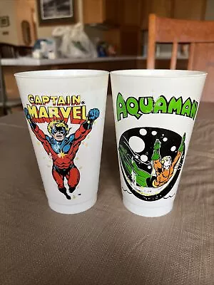 2-Vintage DC Superhero Cups - 7 Eleven - Captain Marvel (1975) - Aquaman (1973) • $19.99