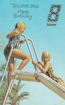 8th Happy Birthday 8 Years Old Vintage Girl's Greeting Card ~ Waterslide Funpark • £1.99