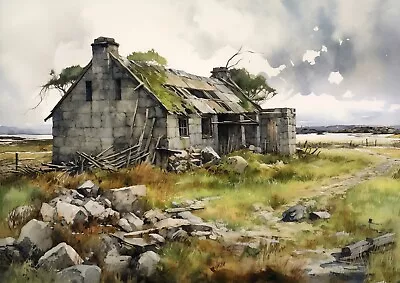 Tranquil Old Ruined House In Rural Countryside - Watercolor Print 5 X7  • £4.99