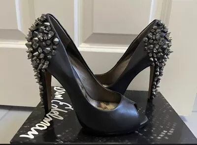 Sam Edelman Lorissa Black Leather Silver Spike Stud Peep Shoes Uk 4 Us 7 • £30