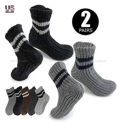 Lot 2 Pairs Set Mens Knit Slipper Socks Knitted Grips Non Skid House Slippers • $9.99