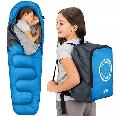 Trail Kids Sleeping Bag Mummy Hooded 3 Season Soft Warm 2 Way Zip Boys Girls • £27.49