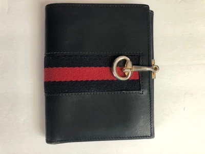 $89 • Buy GUCCI Vintage Navy Leather Wallet Horse Bit Metal Closure With Classic Stripe