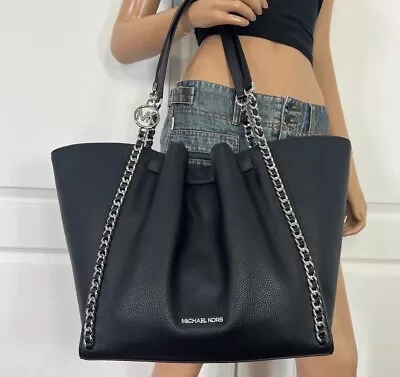 Michael Kors Mina Large East West Shoulder Bag Tote Black Pebbled Leather $628 • $139