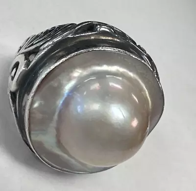 Vintage ATI ID Sterling Silver Mabe Pearl Statement Ring Sz 7.25 [034 WEy] • $74.99