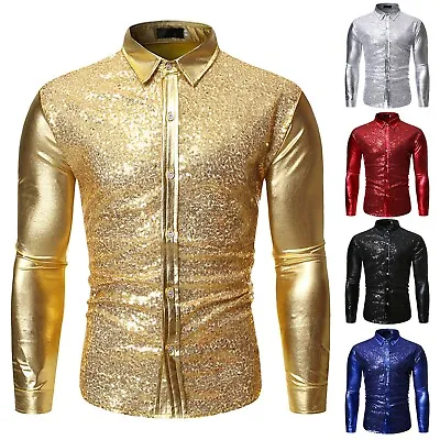 Mens Giltter Sequin Shirt Button Front Long Sleeve Shiny Party Slim Host Tops US • $14.23