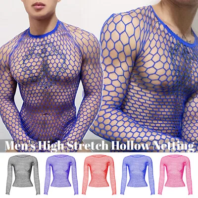 Mens Fishnet Mesh Top Long Sleeve See Through Muscle Shirt Blouse Clubwear Black • £8.81