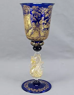 Italian Venetian Murano Gold Watteau Scene Cobalt Swan Stem Water Goblet • $1195