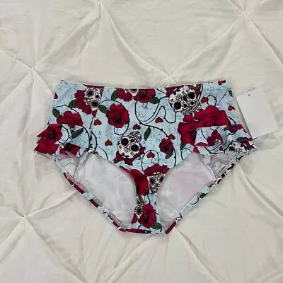 New Unique Vintage Day Of The Dead Print Bikini Bottom W/Leg Ruffles Medium • £8.04