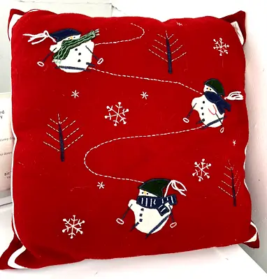 Vintage Christmas Throw Pillow Snowmen Skiing Appliqués & Embroidery  17  Square • $14