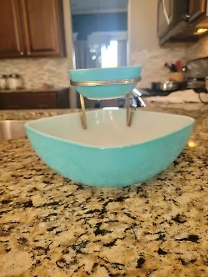 Vintage Turquoise PYREX 025/410 Square Chip And Dip Set Bowl Rare MCM • $165