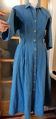 Vintage Western 80s Denim Dress Button Front Country Fitted Sz 12 Full Skirt • £40.70