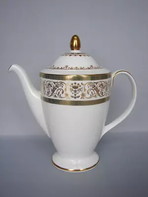 Minton ARAGON 5-Cup Coffee Pot Gold Filigree Rim With Gold Dots And Green Bands • $79.95