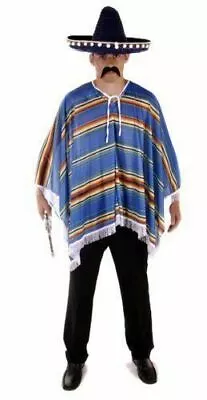 Mens Gents Mexican Spanish Blue Striped Poncho Fancy Dress Costume Adult Cowboy • £10.99