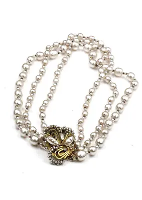 Miriam Haskell Signed Designer Triple Strand Faux Pearl Champagne Necklace • $294
