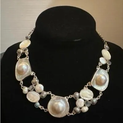 Mabe Blister Pearl 925 Silver Labradorite Gemstone Statement Necklace NEW NWT • $269.98