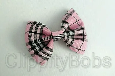 Ladies Handmade 4  Large Pink Black & White Tartan Fabric Bow Girls Hair Clip • £4