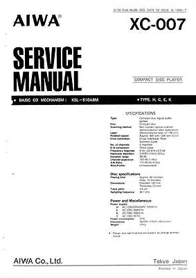 £10.72 • Buy Aiwa Excelia Xc-007 Xc 007 - Cd Player - Manual Service - Repair Maintenance -