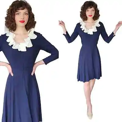 Vintage 60s Navy Blue Dress White Ruffled Collar Marshall Field Elis Porter • $90