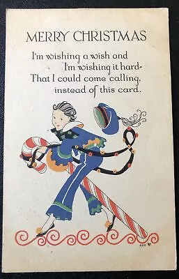 Christmas Volland Art Child Blue Suit Riding Candy Cane Vintage Postcard MM20 • $10