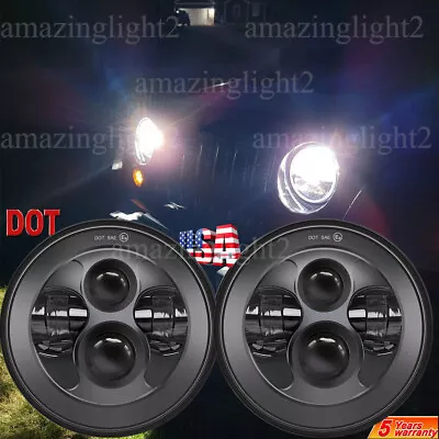 Pair 105W Black 7  Round Led Headlights For Jeep Wrangler 1997-2018 TJ LJ JK • $53.08