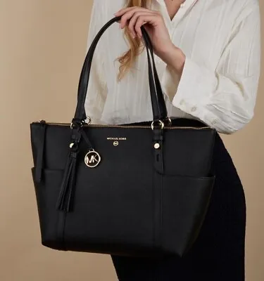 Michael Kors Sullivan Large Saffiano Leather Top-Zip Tote Bag-Black $358 • $111.29