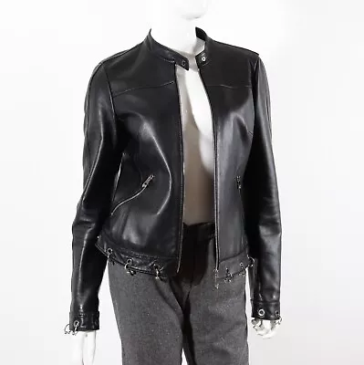 Women's VERSACE Collection Black Leather Jacket Size 42 • $249.99