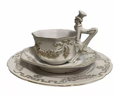 Art Deco Mepoco Japan Porcelain Tea Cup & Saucer Dessert Butler Figure Handle 3 • $75