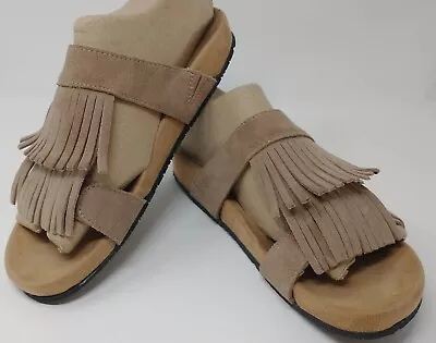 Minnetonka Taupe Suede Leather Fringe Slip On Slide Sandals Fringe Women Size 10 • $23.88