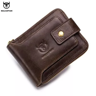 BULLCAPTAIN Men Wallet Genuine Leather RFID Zip Around Bifold With Coin Pocket • $18.33