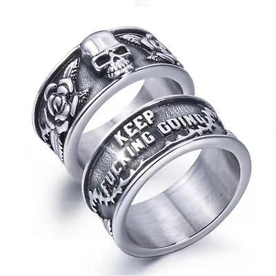  Keep Going Incentive Vintage Gothic Rose Skull Stainless Steel Rings For Men • $11.99