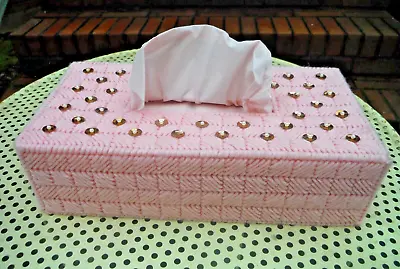Vintage Needlework Rectangular Pink & Gold Tissue Box Cover & 1976 Box Tissues • $12.95
