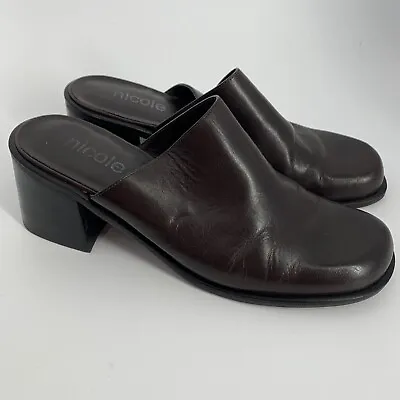 Nicole Brown Leather Slip-on Shoes Mules Vtg Y2K 90’S Chunky Heel Made Brazil 10 • $24.90