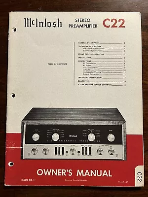 McIntosh C22 Stereo Preamplifier Preamp Owner's Manual Genuine Original Rare OEM • $59.99