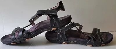 Merrell Woman Sandspur Black / Lilac Keepsake Comfort Leather Sandals Shoes Sz 8 • $35