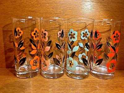 Vintage Set Of 4 Mid Century Modern Colorful Floral Tumbler Glasses MCM • $24.95