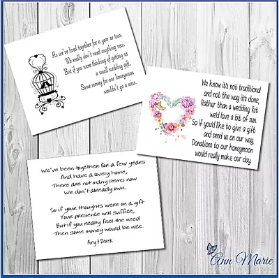 10 X WEDDING MONEY REQUEST POEM / GIFT POEM CARDS / HONEYMOON WISH POEM CARD • £2.99