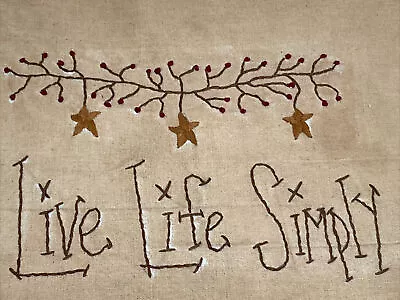 VTG Live Life Simply Quilt Block Hand Embroidered Tea Stained Muslin Stars • $10