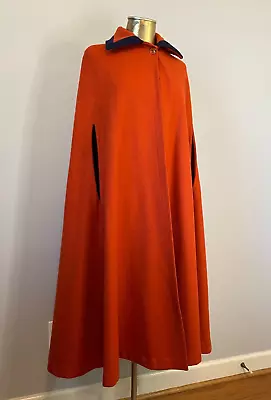 Vintage 70s LONG CAPE Emily M ORANGE Navy Collar MEDIUM Heavy Wool Mod Cloak • $75