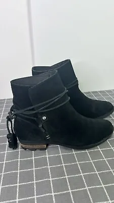 SOREL Farah Tassel Black Suede Leather Ankle Boots Sz 8.5 Black Women’s Casual • $49.99