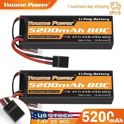 2pcs Youme 7.4V 5200mAh 2S 80C TR LiPo Battery For RC  Car Truck Buggy Boat • $29.99