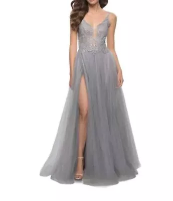 La Femme Floral Illusion Plunge Tulle Lace A-Line  Gown Dress In Silver Sz 16 • $129.99