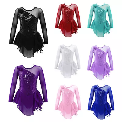 Girls Figure Ice Skating Dress Mesh Splice Ballet Gymnastics Leotard Dancewear • £15.16