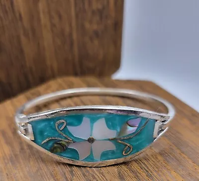 Alpaca Mexico Silver Abalone Shell Mother Of Pearl Green Bangle Bracelet 6.5  • $1.99