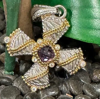 Judith Ripka Sterling Silver 14k Gold Clad Amethyst Maltese Cross Pendant • $110