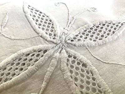 Vintage Antique White Cotton & Lace Tablecloth Hand Embroidered Butterflies • $18.67