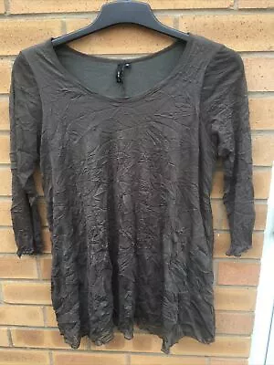 Ladies Khaki Crinkle Tunic Top  By Yong Kim Size 12 100% Polyester Long Sleeves • £25