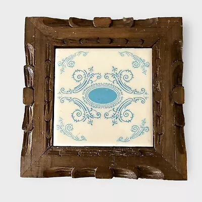 VTG Mexican Tile Wood Hand Carved Trivet Brown Cream Blue Design Blue Kitchen • $18.99