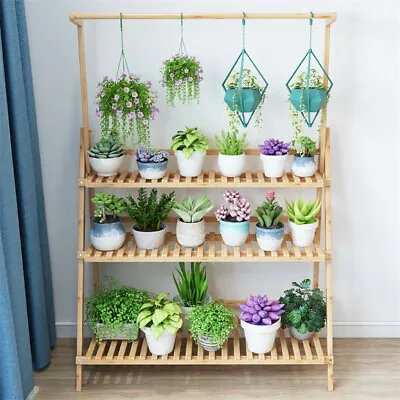 £27.95 • Buy Folding Garden 3 Tier Flower Plant Pot Shelf Stand Ladder Rack Step Style Bamboo