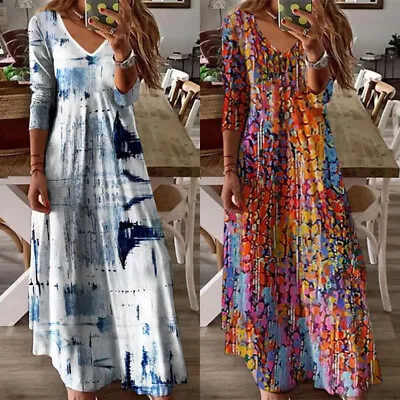 Women Floral Boho Maxi Dress Ladies V Neck Summer Holiday Swing Dresses Size 20 • £14.99